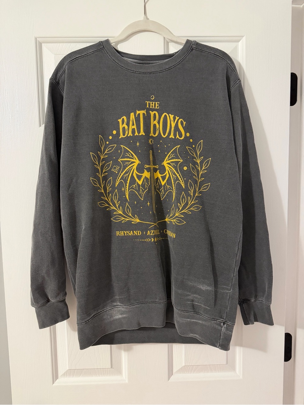 Charcoal Crewneck Sweater with Yellow Bat Boys Graphic